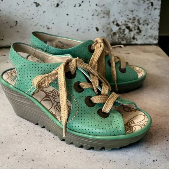 FLY LONDON Lace Up Wedge Open Toe Shoe (Dark Mint Green) - Picture 2 of 10